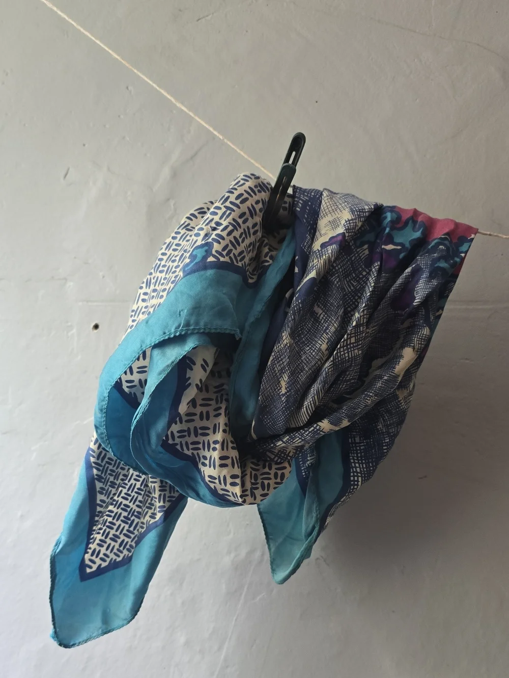 Vintage 60s 70s  Large Silk Scarf *Damaged - Abstract Design Blue Purple White